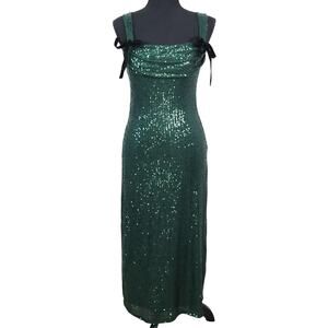 Le Lis Emerald Green Sequin Dress Long Maxi Formal Evening Cowl Velvet Bows XS